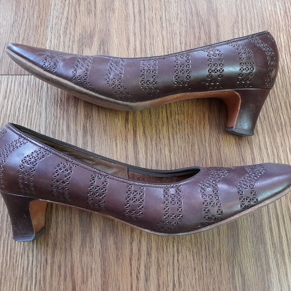 Vintage 60s Brown Shoes Size 8 / 9 Jacques Cardin Paris Pumps Narrow Square Toe - Picture 9 of 13